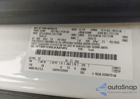 2020 Ford Transit-250 из США, поврежденный, VIN 1FTBR1C80LKA07402